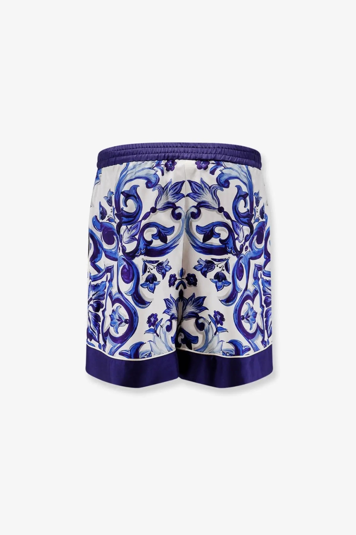 Dolce &amp; Gabbana women’s silk white shorts with bold blue ornamental pattern and matching navy trim