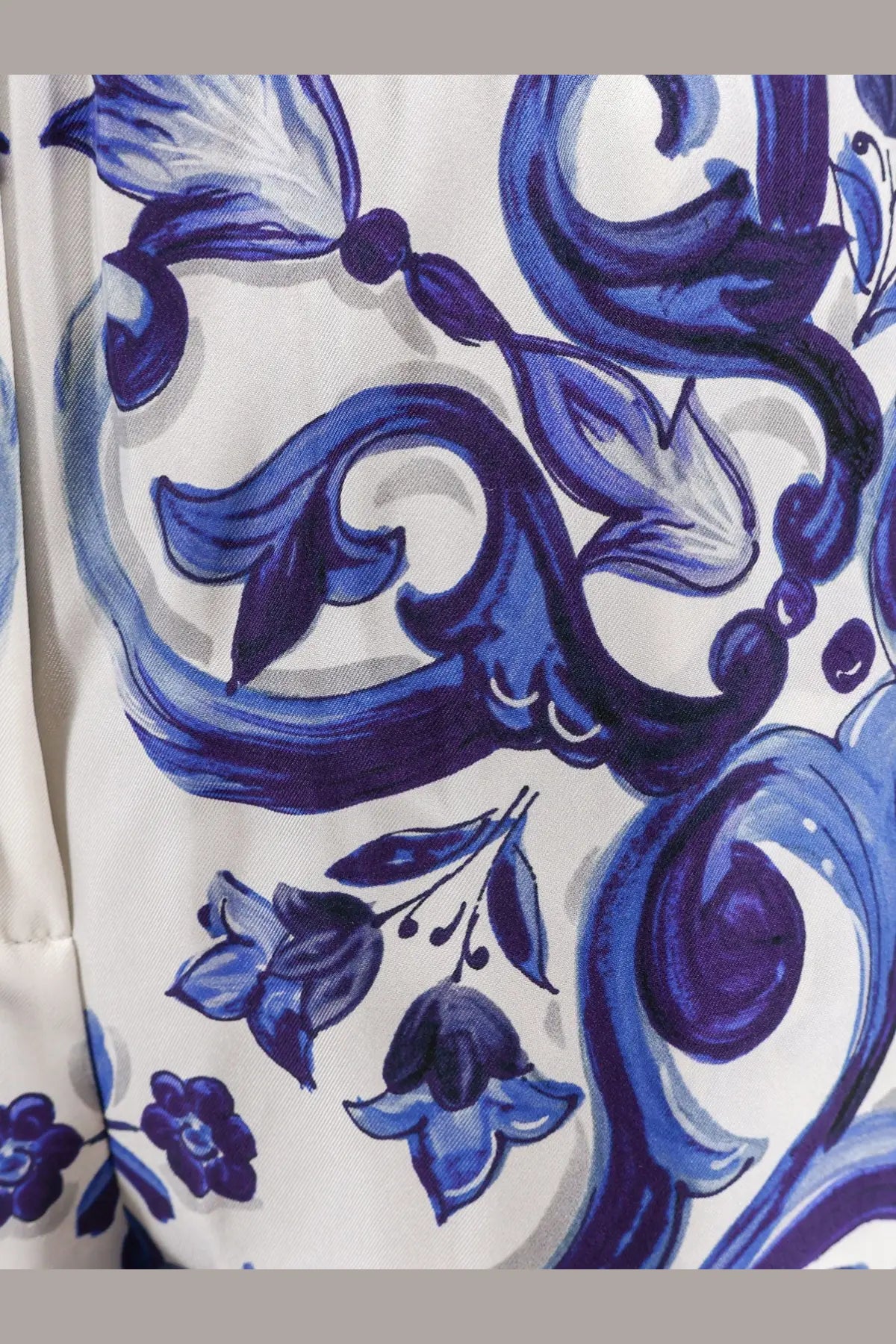 Dolce &amp; Gabbana women’s silk shorts in white with blue and purple floral porcelain-inspired patterns