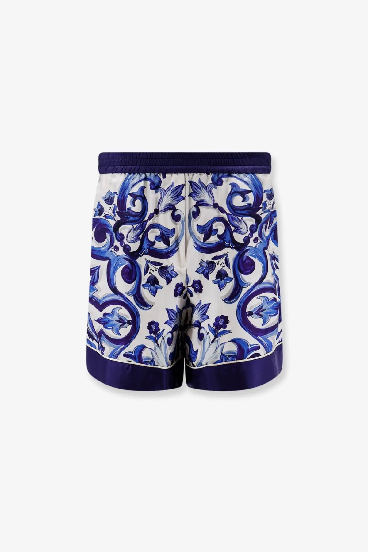 Dolce &amp; gabbana women’s silk shorts in white and navy blue with porcelain-inspired floral pattern on lightweight fabric