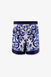 Dolce &amp; gabbana women’s silk shorts in white and navy blue with porcelain-inspired floral pattern on lightweight fabric