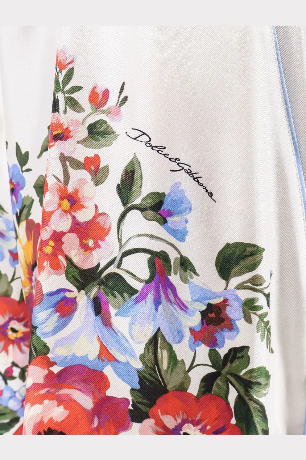 Dolce &amp; gabbana women’s white silk shorts paired with a cream silk floral print scarf featuring red blue and pink blossoms