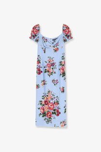 Dolce &amp; Gabbana women’s blue silk stretch midi dress with puff sleeves and square neckline floral print