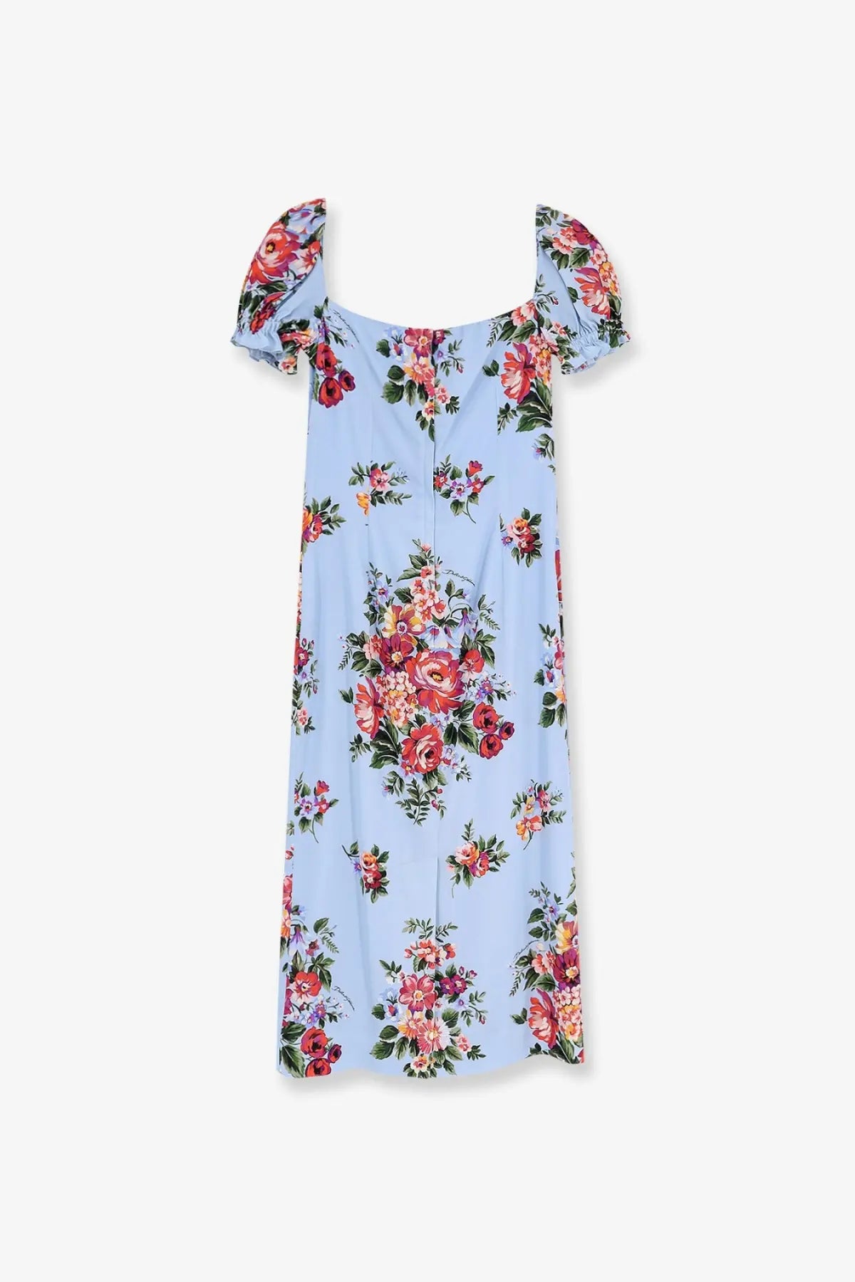 Dolce &amp; Gabbana women’s light blue silk stretch dress with floral print puffed sleeves and square neckline