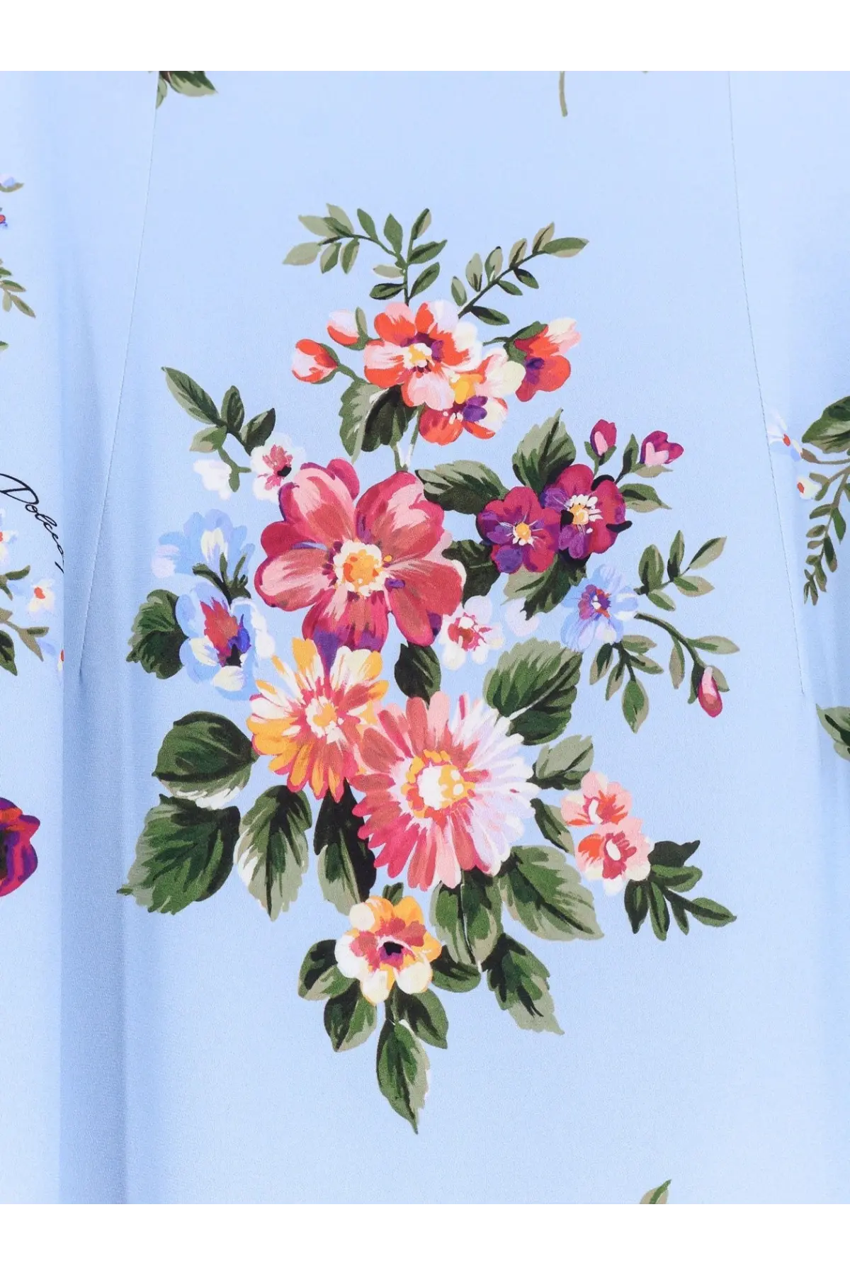 Light blue Dolce &amp; Gabbana women’s silk stretch dress with vibrant pink orange purple floral print and green leaves