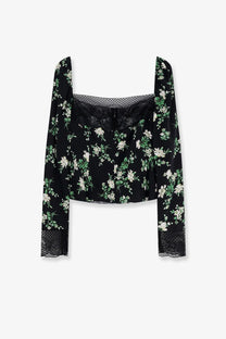 Dolce &amp; Gabbana women’s black silk blouse with sheer fabric, white and green floral print, and black lace details