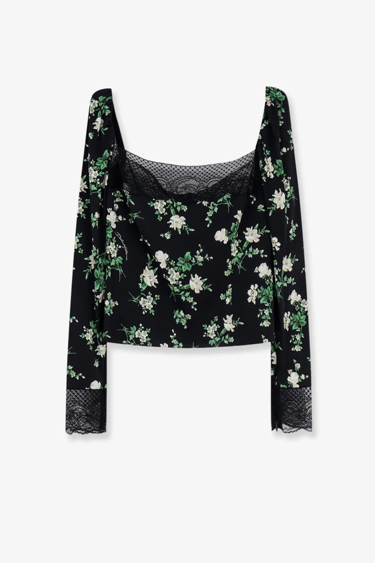 Dolce &amp; Gabbana women’s black silk floral crop top with sheer long sleeves and black lace accents at neckline and cuffs