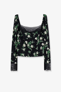 Dolce &amp; Gabbana women’s black silk floral crop top with sheer long sleeves and black lace accents at neckline and cuffs
