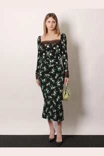 Dolce &amp; gabbana women’s silk black midi dress with square neckline long sleeves and lace trim at collar and cuffs