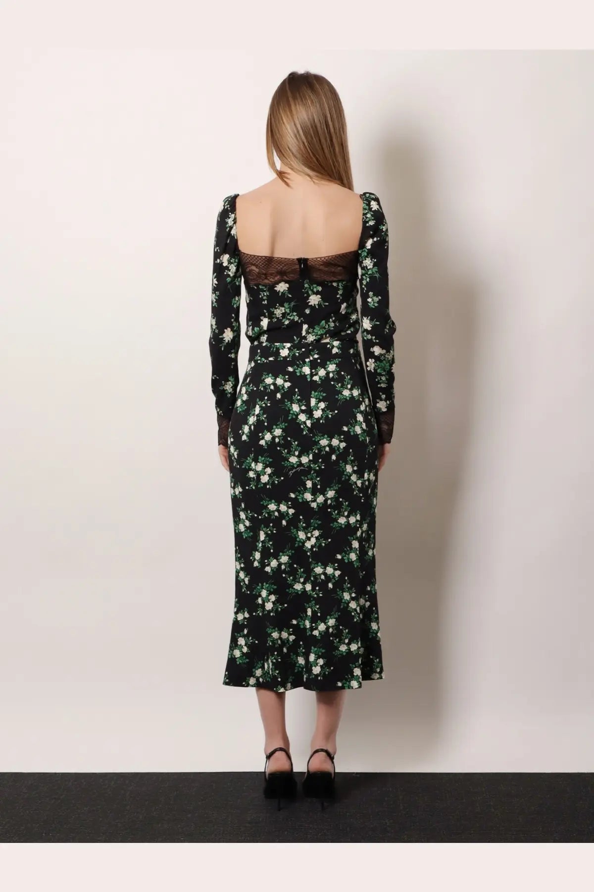 Dolce &amp; Gabbana women’s black silk midi dress with white and green floral pattern long sleeves and lace accents