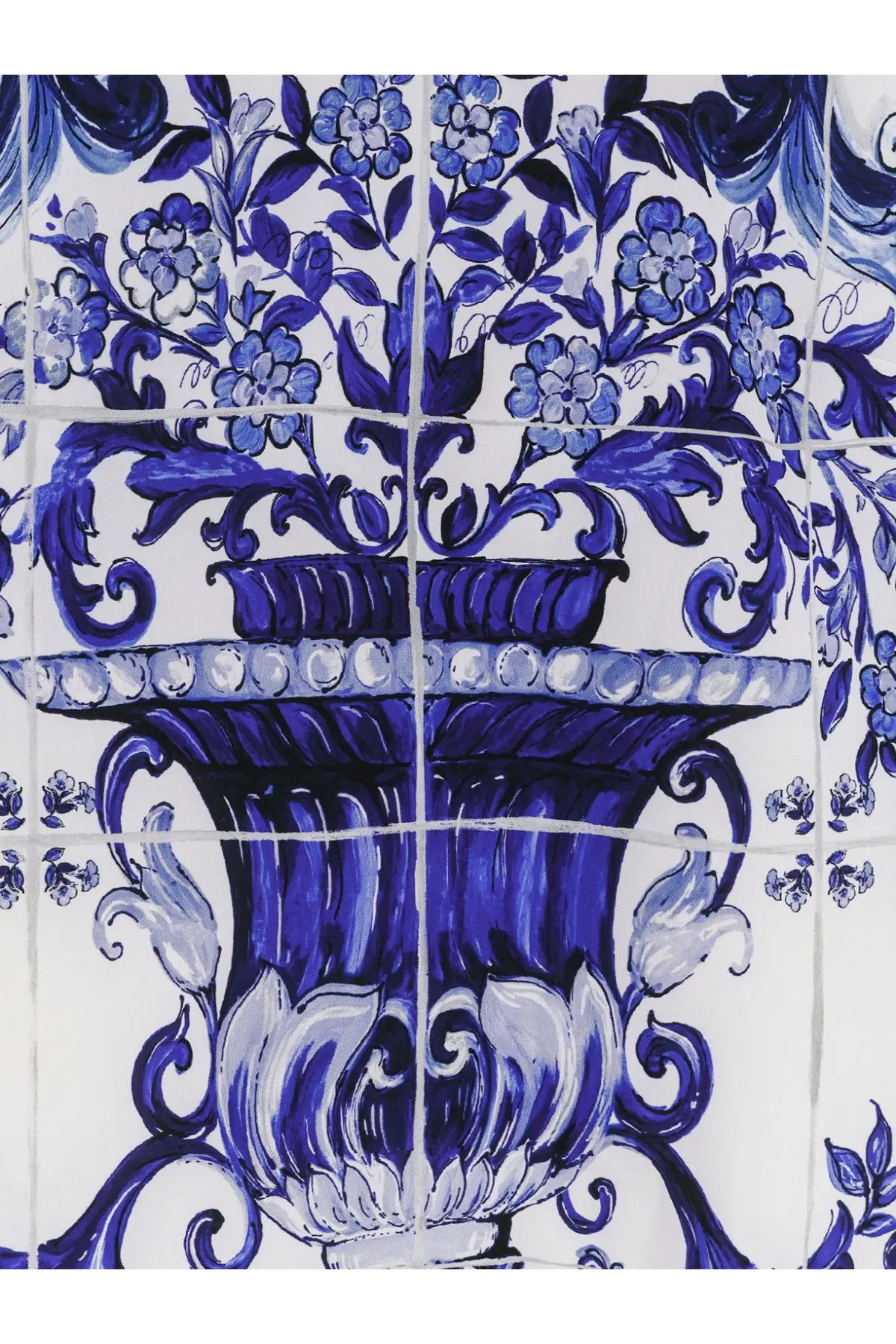 Dolce &amp; Gabbana women’s silk top blue with decorative blue and white ceramic tile inspired ornate vase design