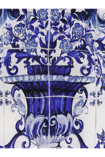 Dolce &amp; Gabbana women’s silk top blue with decorative blue and white ceramic tile inspired ornate vase design