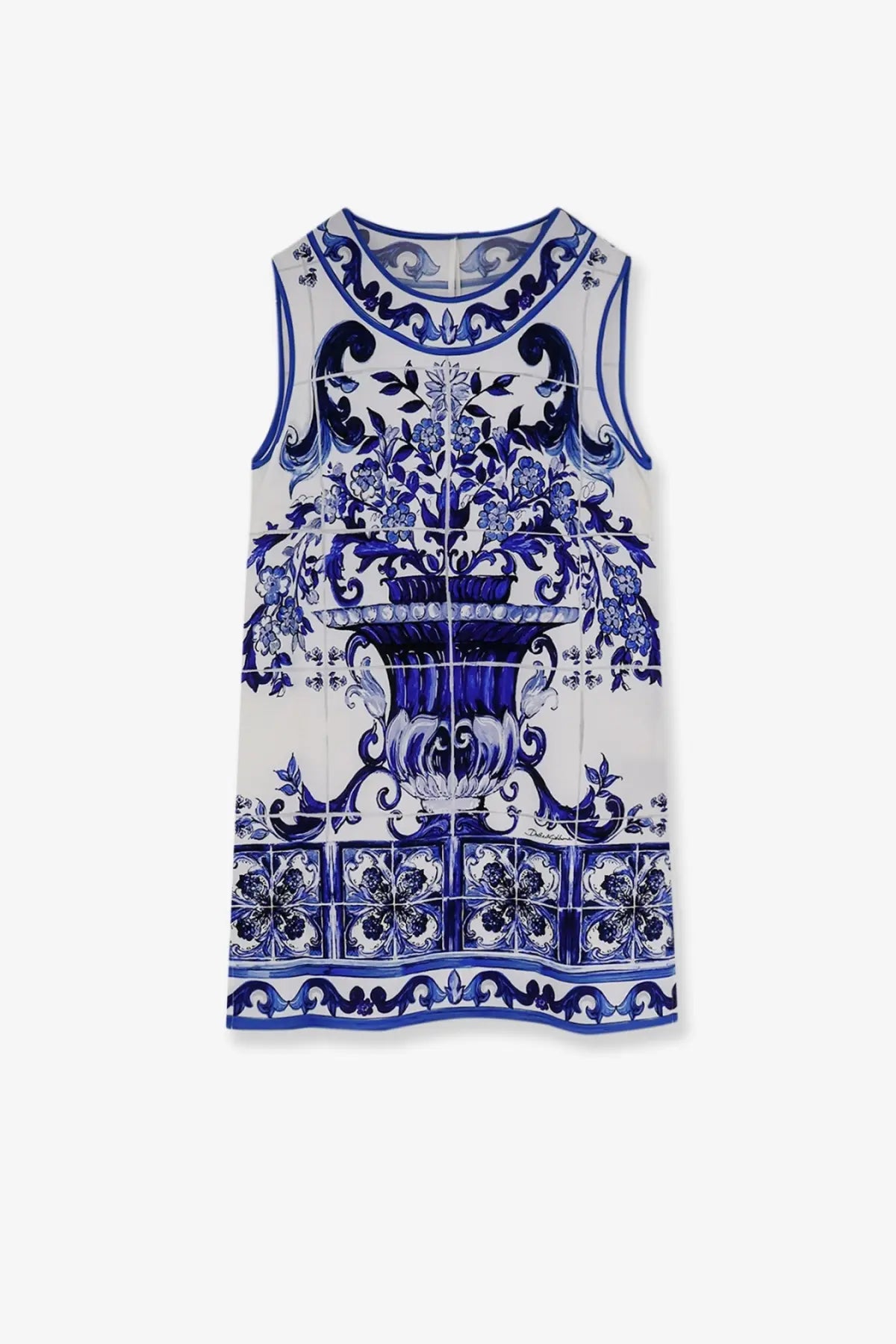 Dolce &amp; Gabbana women’s sleeveless white silk dress with blue ceramic tile-inspired patterns and central floral urn design