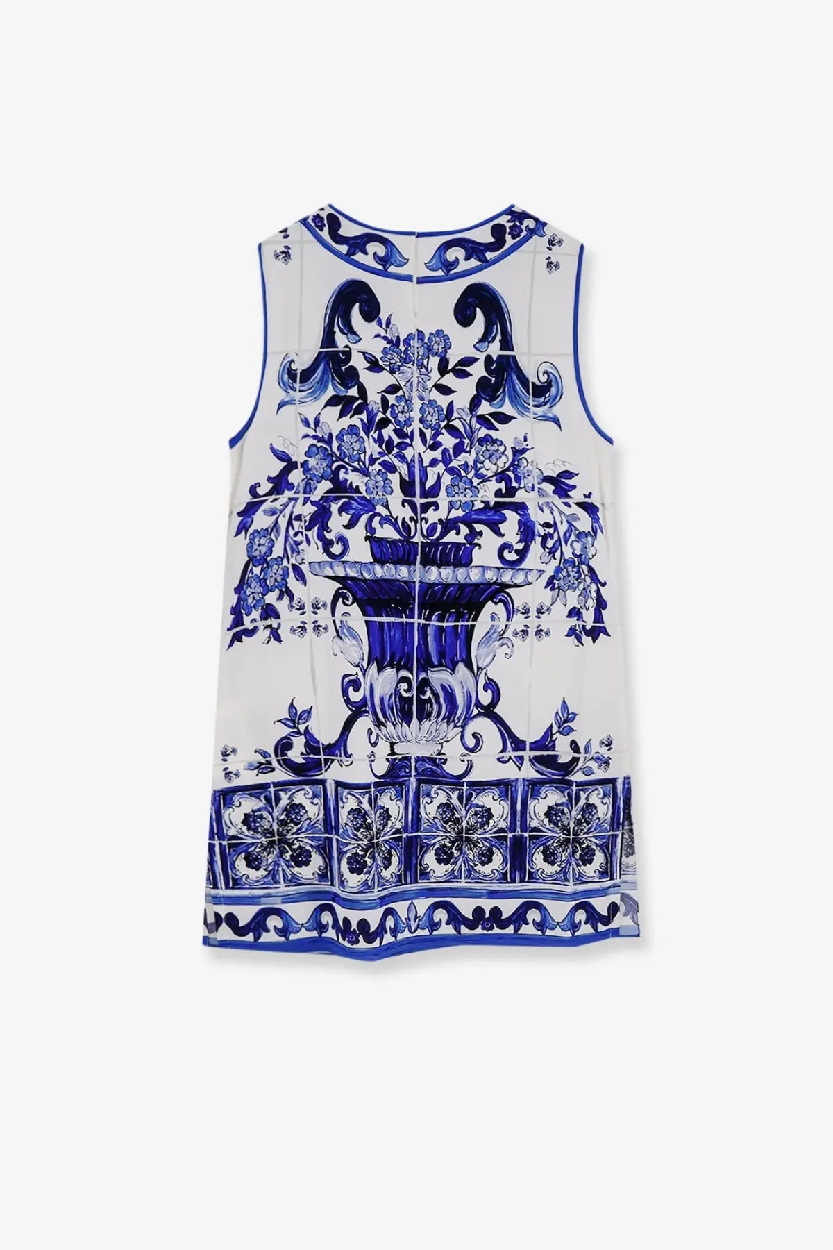 Dolce &amp; Gabbana women’s silk sleeveless top in white with bold blue porcelain tile floral urn print