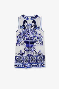 Dolce &amp; Gabbana women’s silk sleeveless top in white with bold blue porcelain tile floral urn print