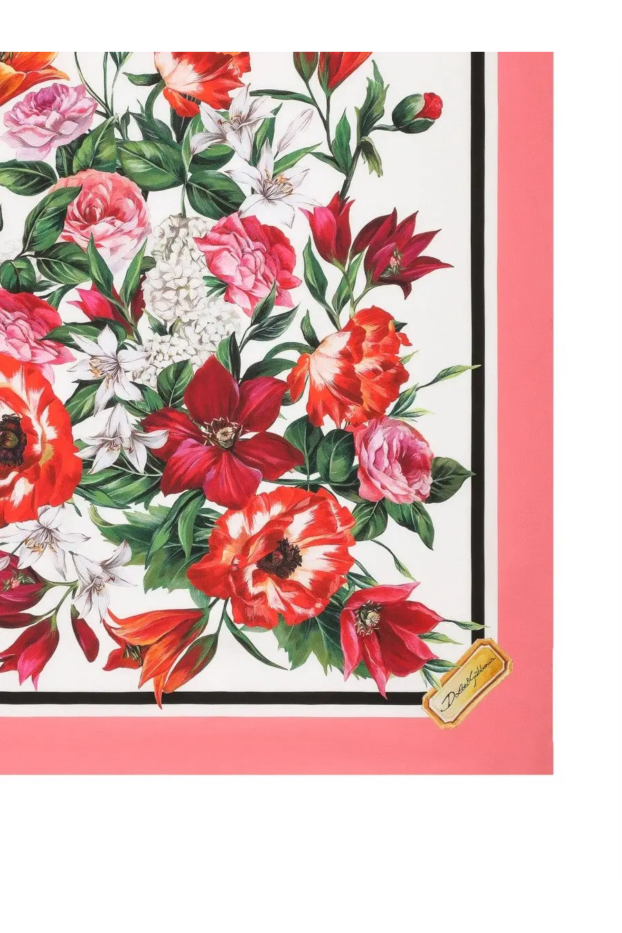 Dolce &amp; Gabbana women’s silk twill scarf with vibrant red pink white floral print and coral border on white background