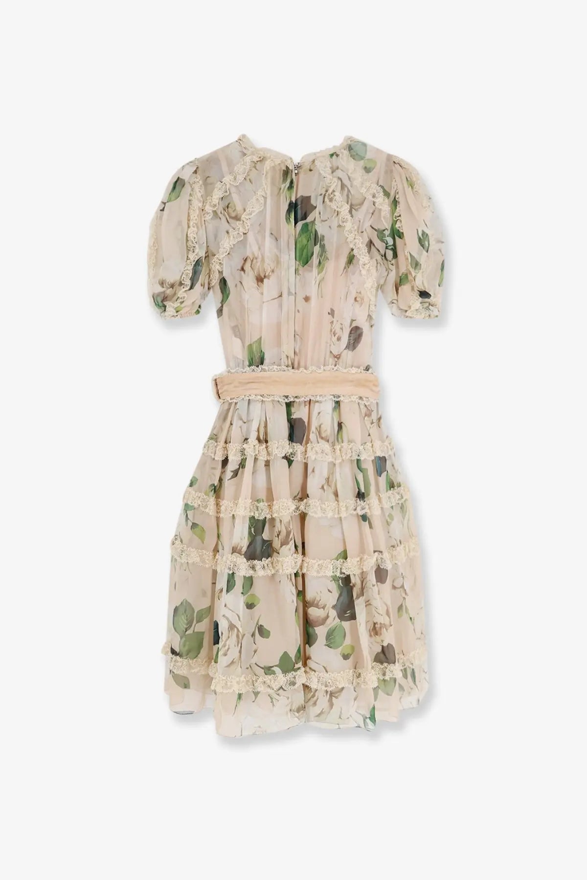 Dolce &amp; Gabbana women’s white silk and viscose dress with beige floral print, puff sleeves, tiered ruffles, and lace trim