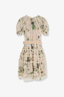 Dolce &amp; Gabbana women’s white silk and viscose dress with beige floral print, puff sleeves, tiered ruffles, and lace trim