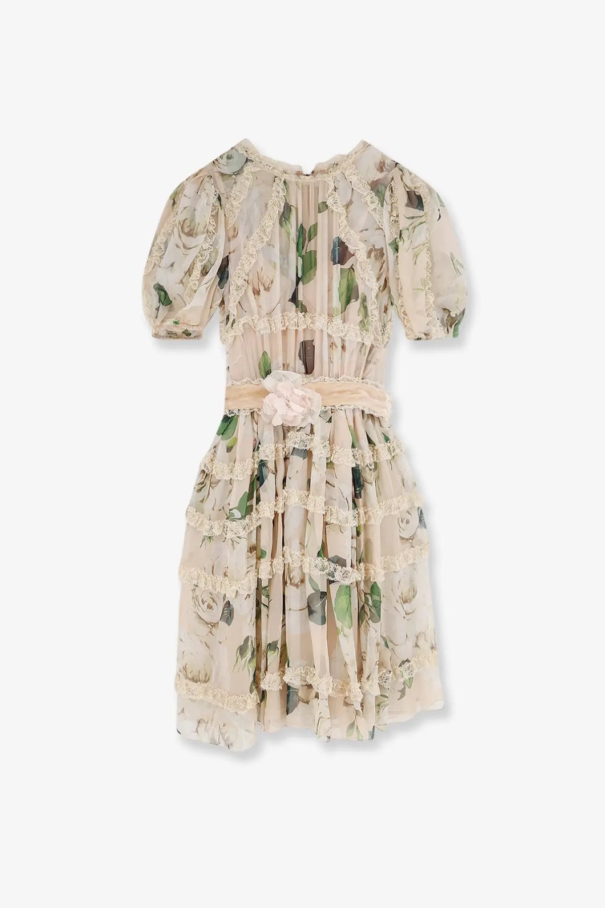 Dolce &amp; Gabbana women’s white silk and viscose dress with delicate beige floral print puff sleeves and lace trim
