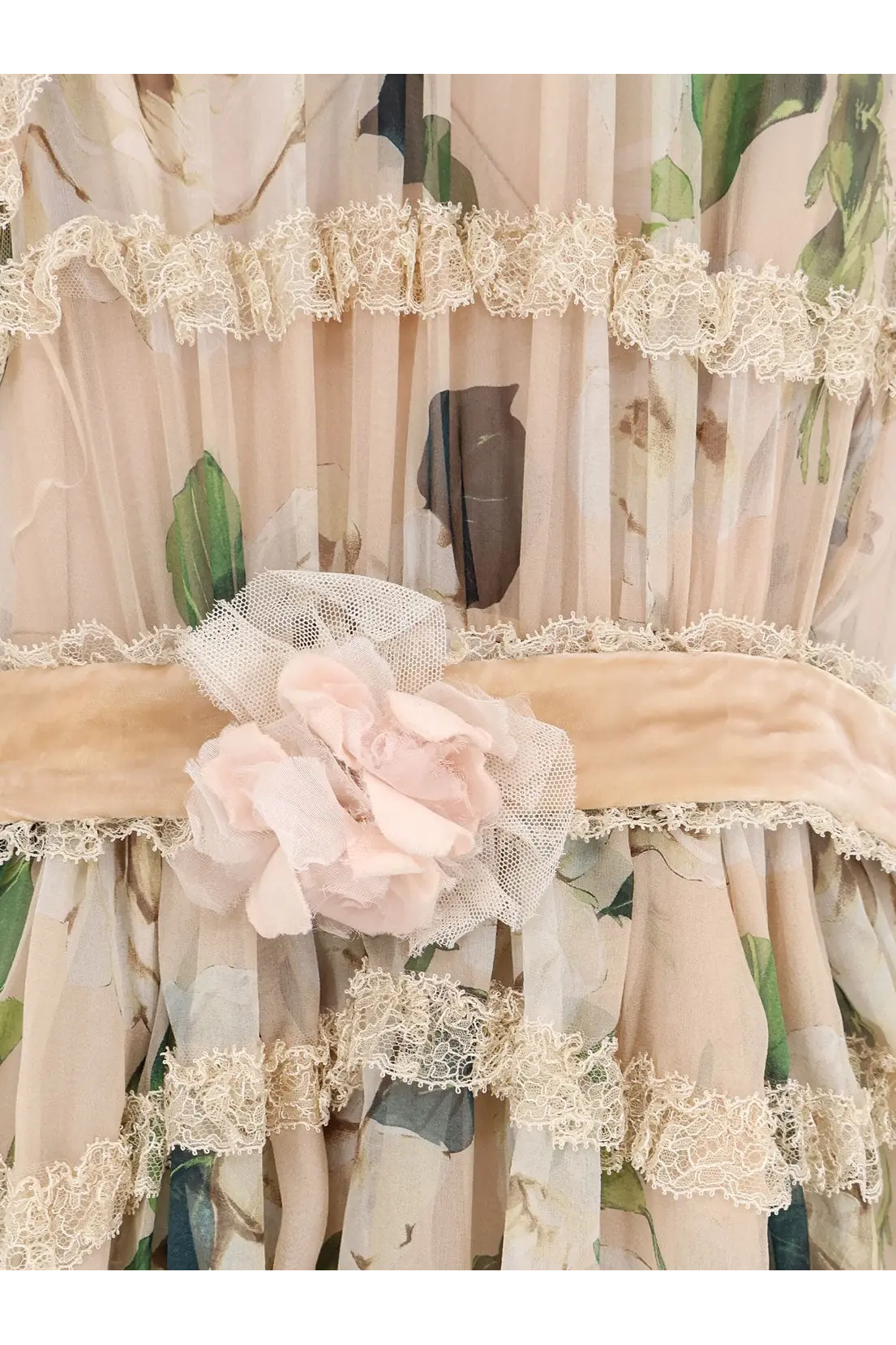 Dolce &amp; Gabbana women’s white silk and viscose dress with delicate blush pink fabric flower and botanical lace curtain background