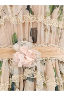 Dolce &amp; Gabbana women’s white silk and viscose dress with delicate blush pink fabric flower and botanical lace curtain background