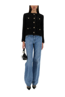 Dolce &amp; Gabbana women’s black tweed bouclé short jacket with gold-toned floral buttons single breasted design