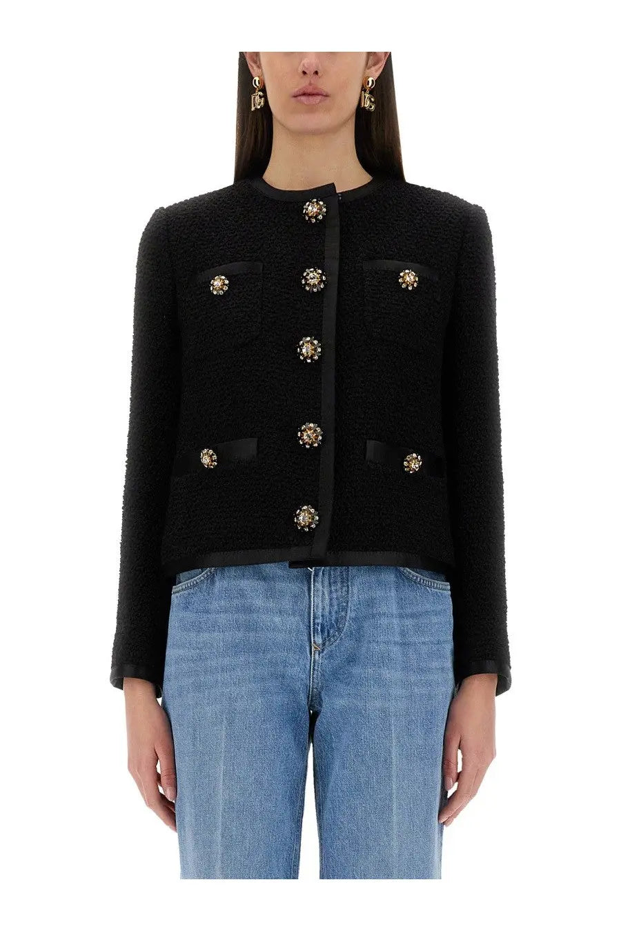 Dolce &amp; Gabbana women’s black tweed bouclé short jacket with gold-toned floral buttons and black satin trim