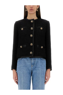 Dolce &amp; Gabbana women’s black tweed bouclé short jacket with gold-toned floral buttons and black satin trim