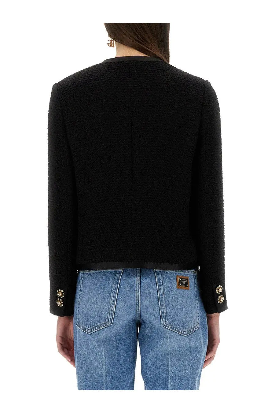 Dolce &amp; Gabbana women’s black single breasted tweed bouclé blazer with gold tone button cuffs textured fabric