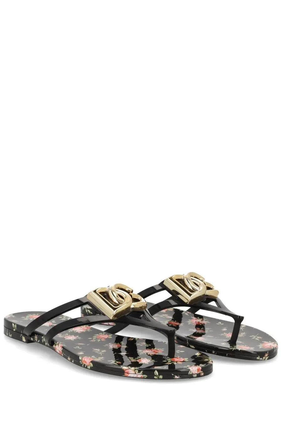 Dolce &amp; Gabbana women’s black floral-patterned flip-flops with gold-tone metallic logo accents multicolor slides