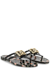 Dolce &amp; Gabbana women’s black floral-patterned flip-flops with gold-tone metallic logo accents multicolor slides