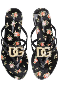 Dolce &amp; Gabbana women’s black floral-patterned slide flip-flops with gold-tone DG logo hardware multicolor design