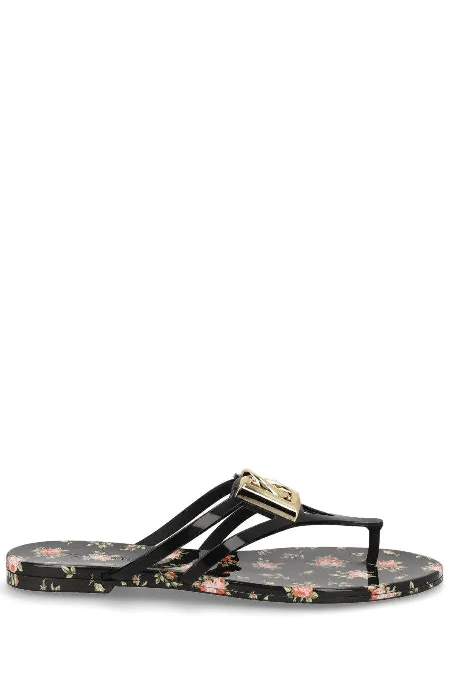 Dolce &amp; Gabbana women’s black floral flip-flop slide with gold-tone metallic buckle and multicolor pattern