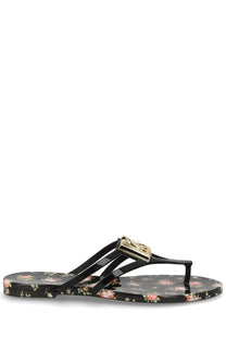 Dolce &amp; Gabbana women’s black floral flip-flop slide with gold-tone metallic buckle and multicolor pattern