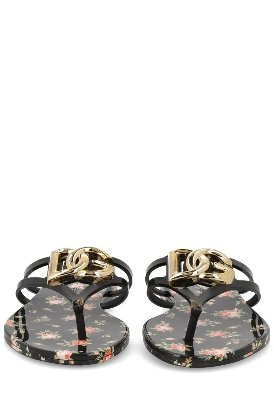 Dolce &amp; Gabbana women’s black floral flip-flops with shiny gold-tone d&amp;g logo clasp in multicolor design
