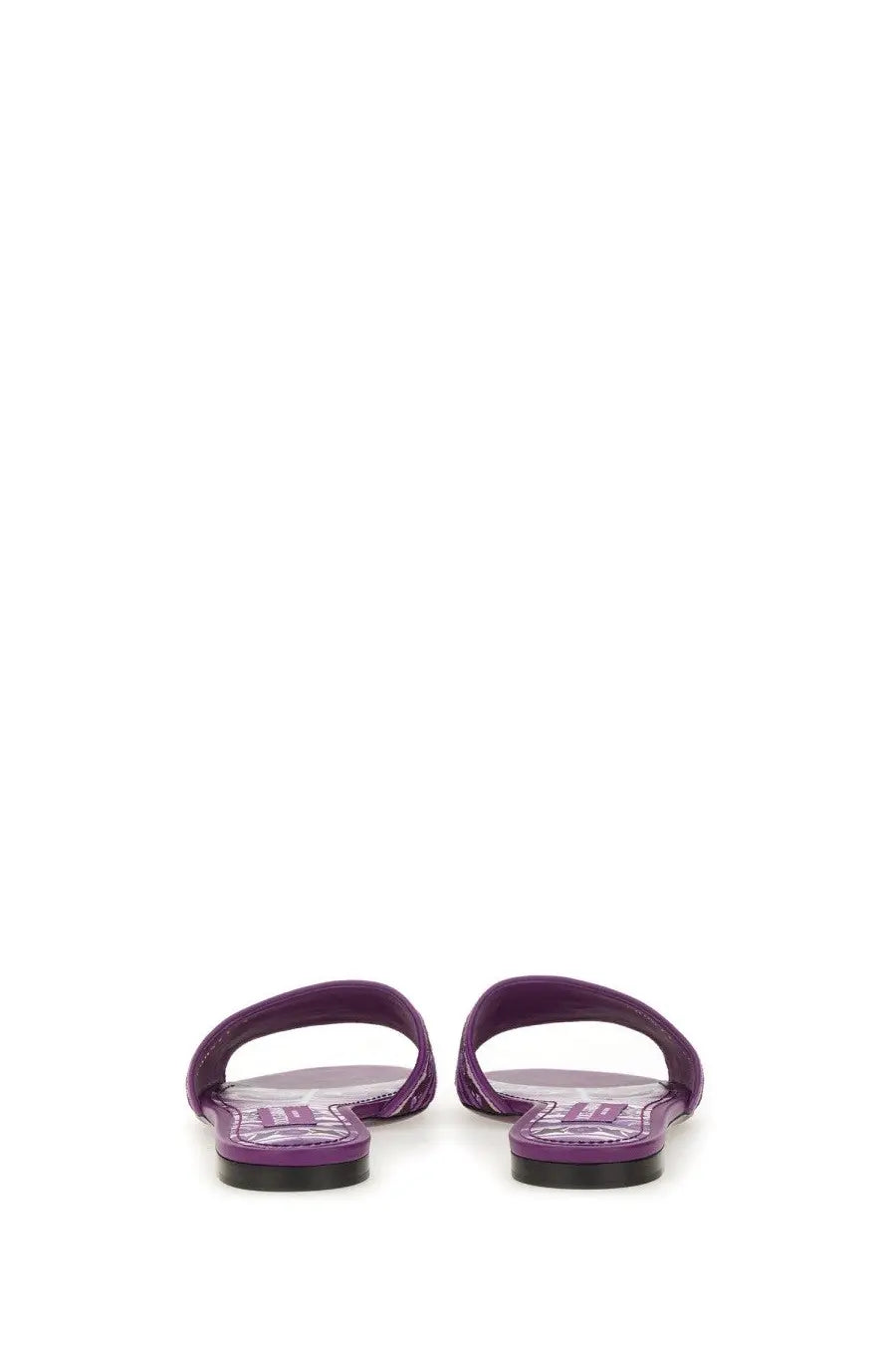 Dolce &amp; gabbana women’s slide sandal in purple patent leather with black rubber soles and a minimalist design