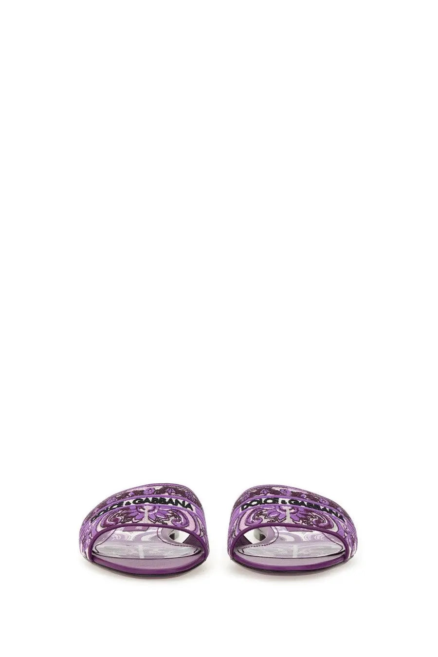 Dolce &amp; Gabbana women’s purple translucent slide sandals with paisley pattern and branded detailing