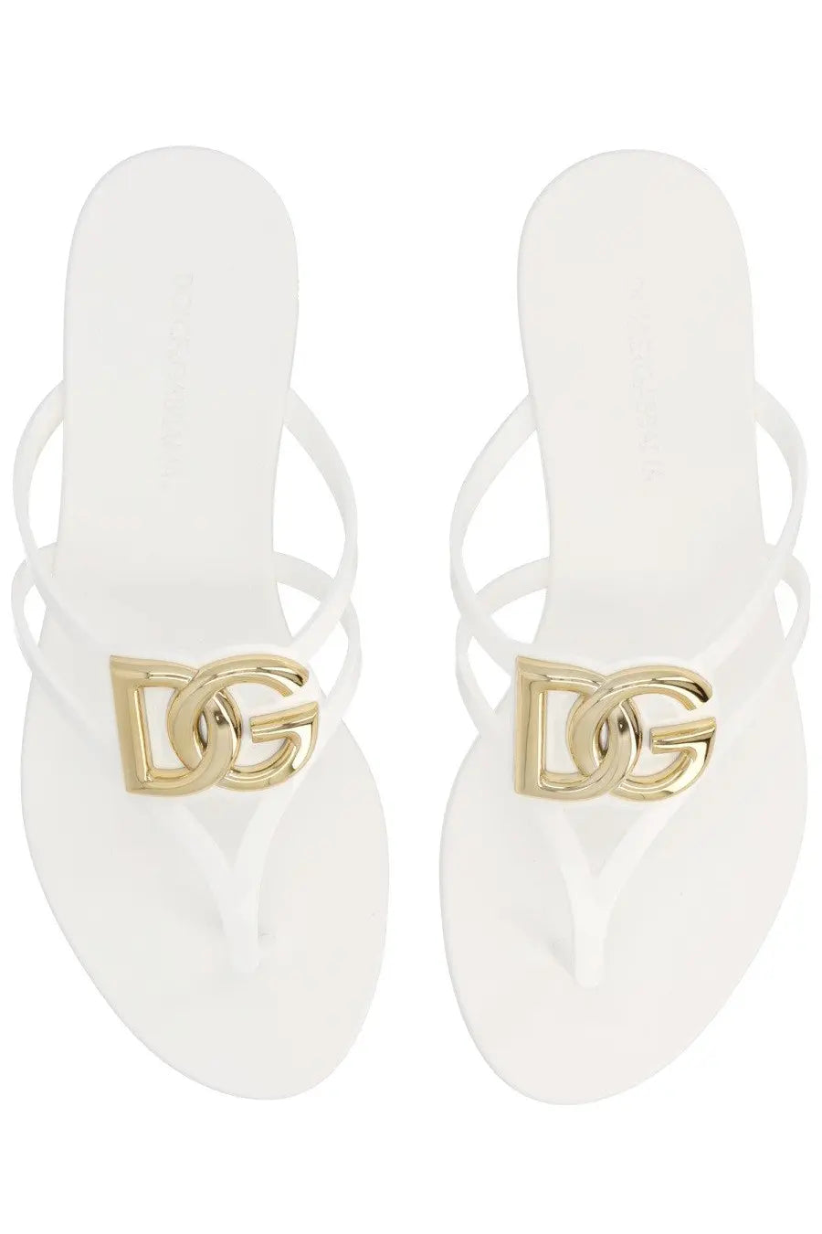 Dolce &amp; gabbana women’s white rubber flip-flops with a gold-tone dg logo clasp on the slide strap