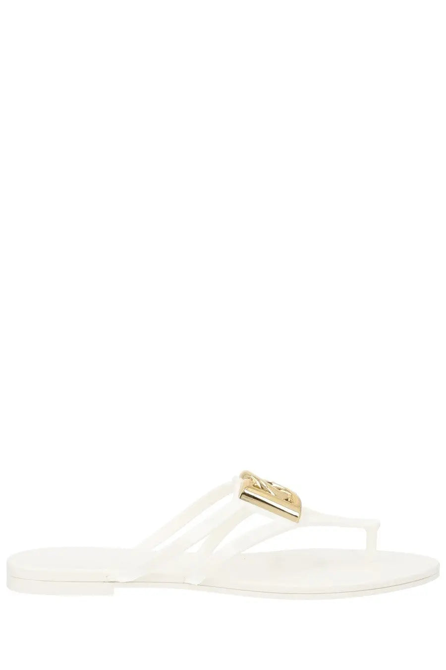 Dolce &amp; Gabbana women’s white translucent flip-flop slide with gold-tone metallic logo clasp