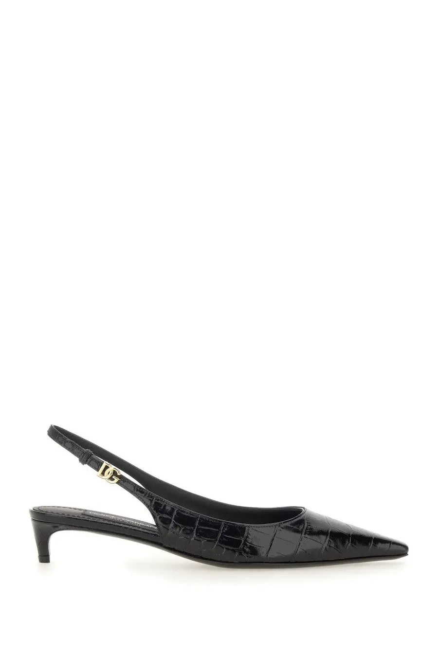 Dolce &amp; Gabbana women’s black croc-embossed leather slingback pump with gold-tone dg logo buckle