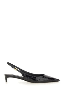 Dolce &amp; Gabbana women’s black croc-embossed leather slingback pump with gold-tone dg logo buckle