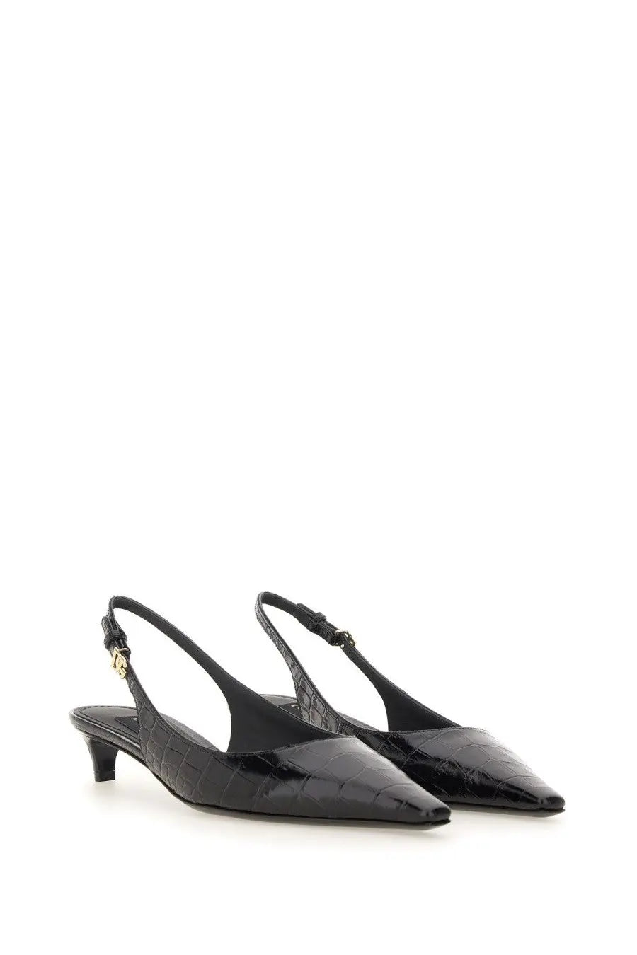 Dolce &amp; Gabbana women’s black croc-embossed leather slingback pumps with gold-tone buckle detail