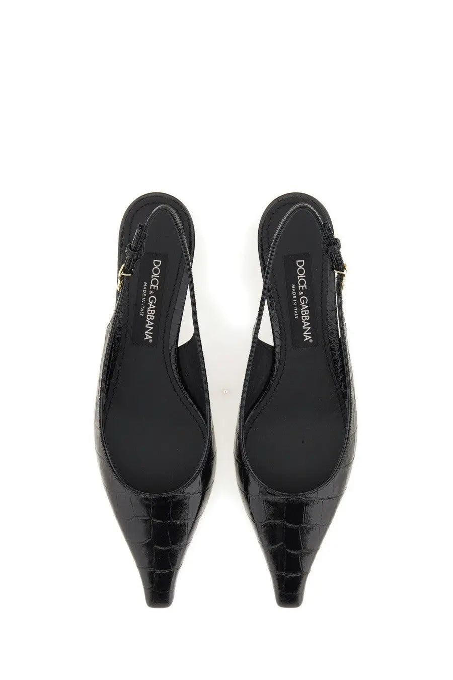 Dolce and gabbana women’s black slingback flats in crocodile embossed patent leather shown from the back side