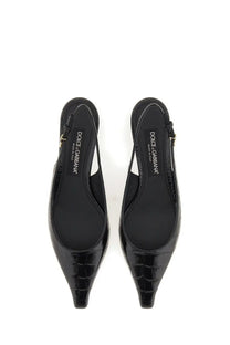 Dolce and gabbana women’s black slingback flats in crocodile embossed patent leather shown from the back side
