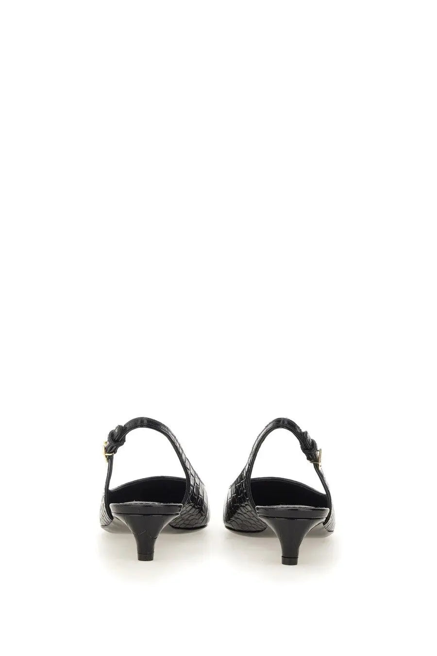 Dolce &amp; Gabbana women’s slingback black heels with snakeskin pattern low heel and gold-tone buckle detailing