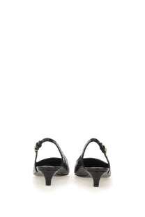 Dolce &amp; Gabbana women’s slingback black heels with snakeskin pattern low heel and gold-tone buckle detailing