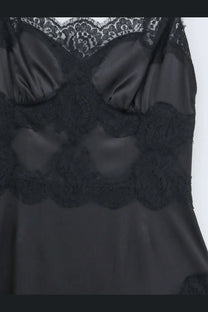 Dolce &amp; Gabbana women’s black satin camisole with intricate lace detailing and floral appliqués slip dress