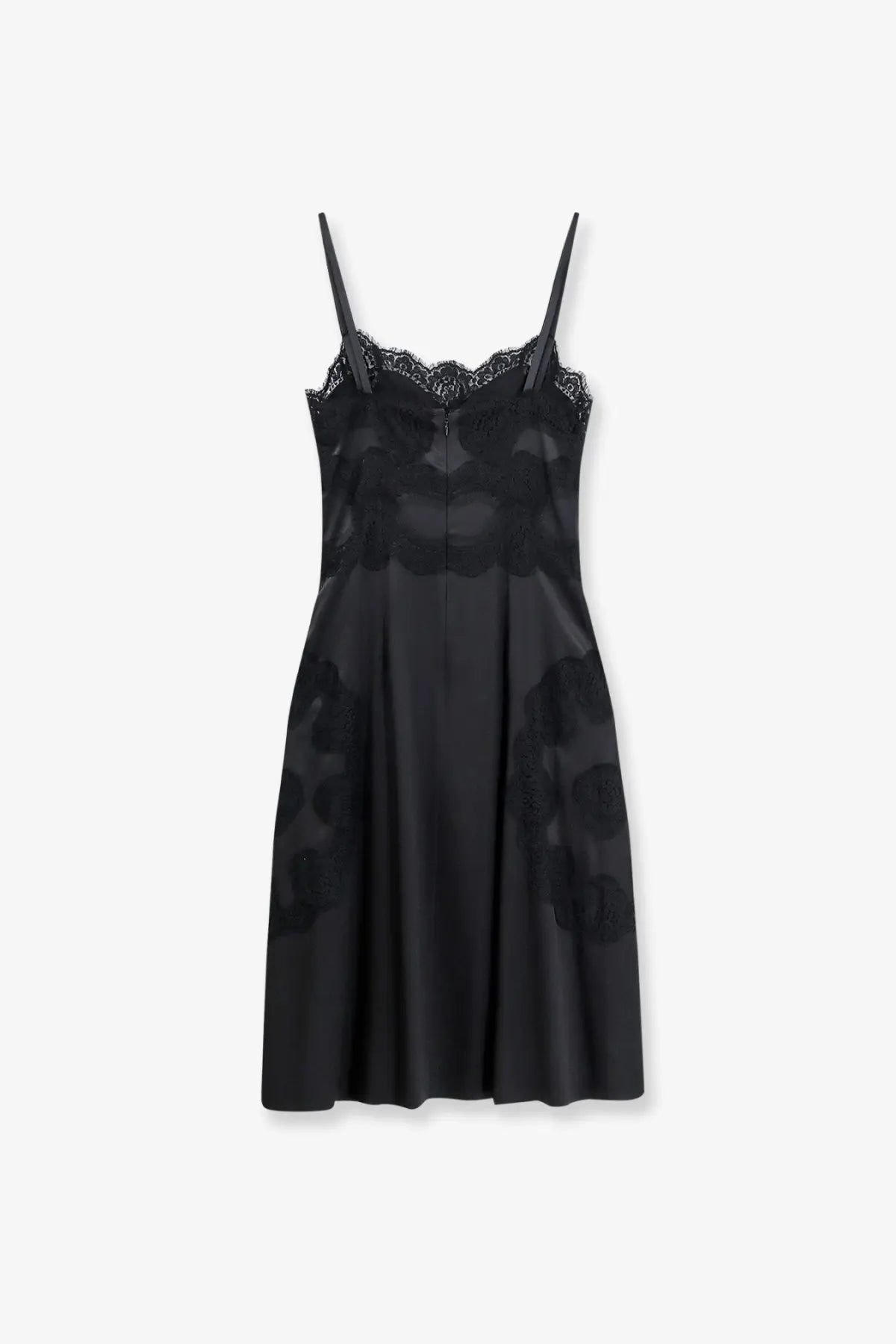 Dolce &amp; Gabbana women’s black satin slip dress with delicate lace trim and floral appliqué detailing