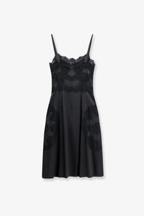 Dolce &amp; Gabbana women’s black satin slip dress with delicate lace trim and floral appliqué detailing