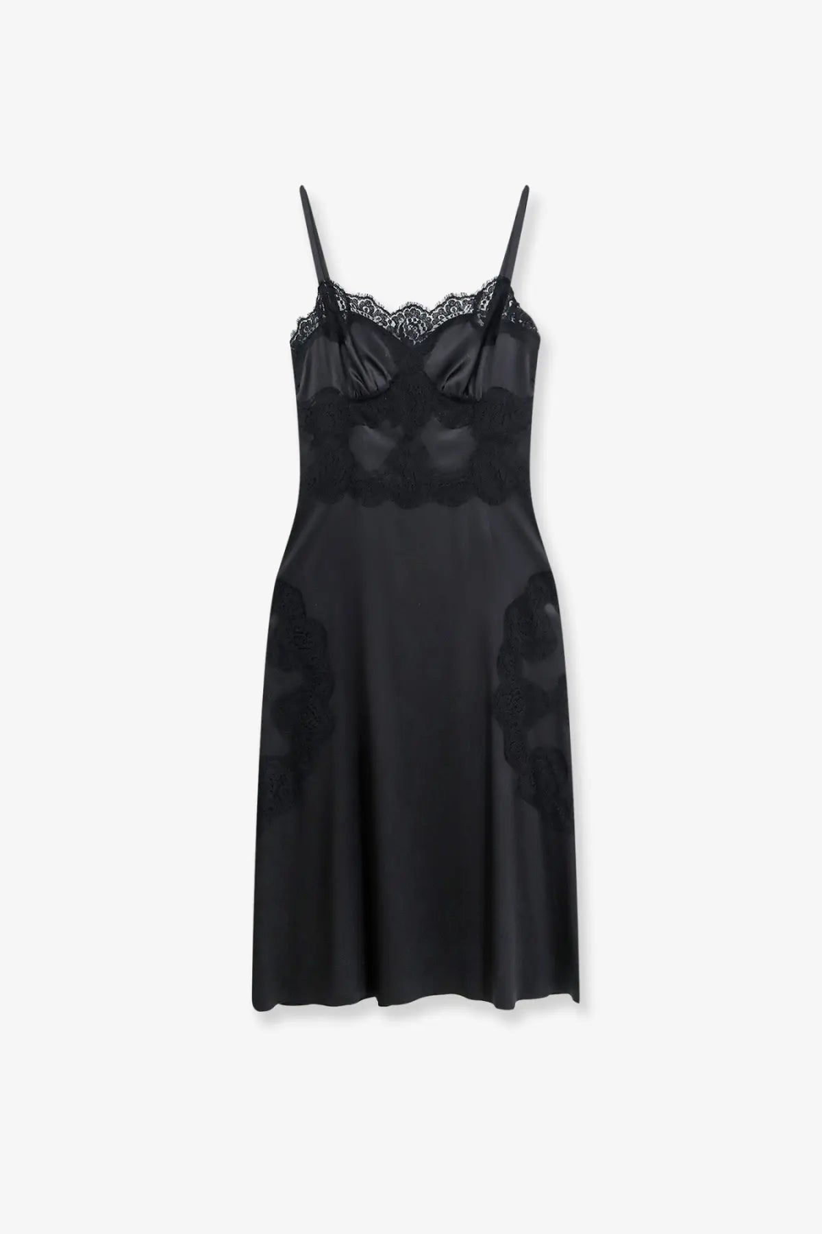 Dolce &amp; Gabbana women’s black satin slip dress with lace trim neckline and sheer floral appliques on sides