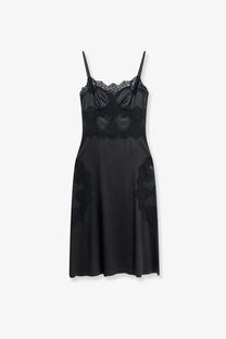 Dolce &amp; Gabbana women’s black satin slip dress with lace trim neckline and sheer floral appliques on sides